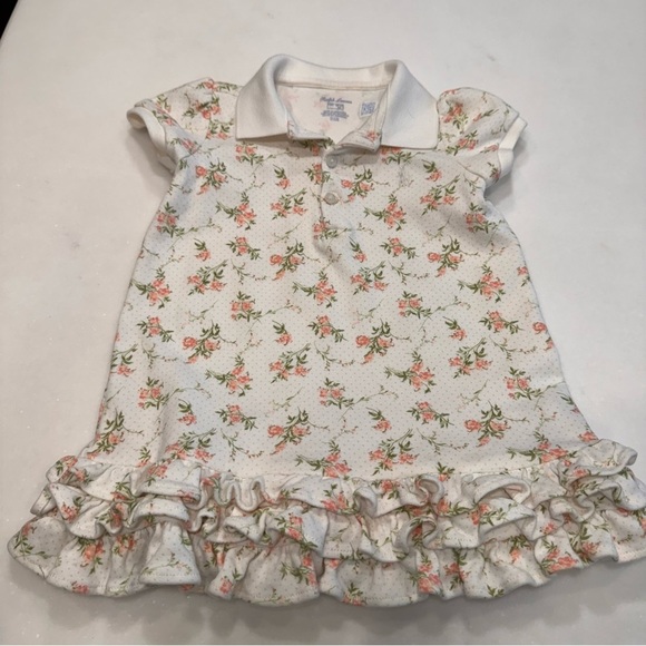 Ralph Lauren Dress Girls 18M White w/ Pink Floral Collared Ruffle Short Sleeve - Picture 2 of 7